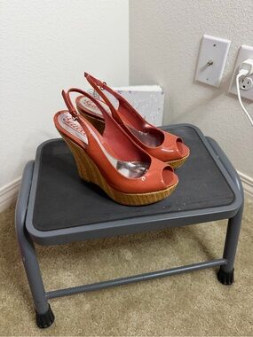 Gucci Coral Peep-Toe Slingback Wedge Sandals